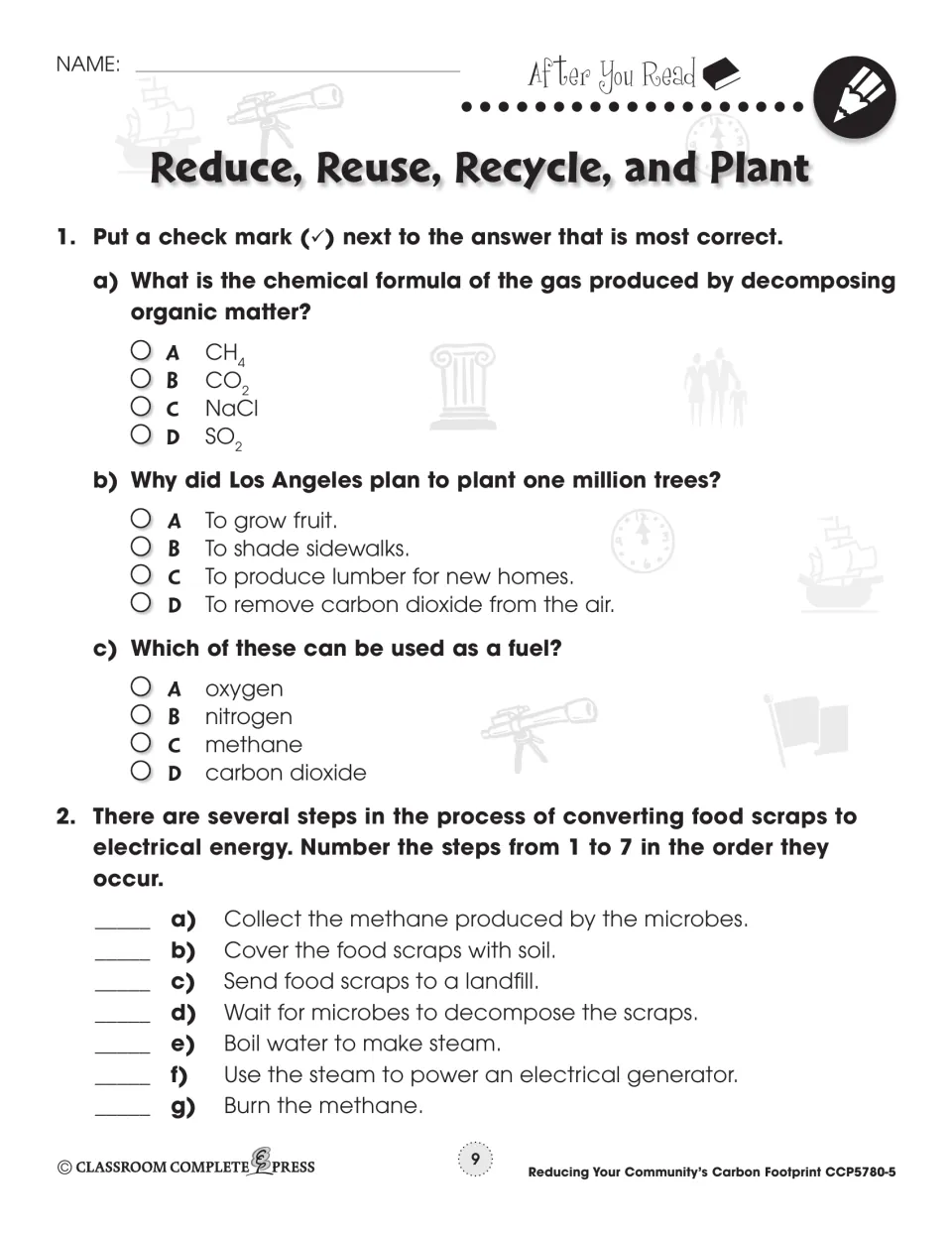 After You Read: multiple choice on methane and tree planting, then ordering 7 steps from food scraps to electricity
