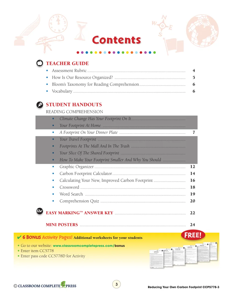 Contents: teacher guide, the Dinner Plate reading on page 7, organizer, calculator, crossword, quiz and answer key