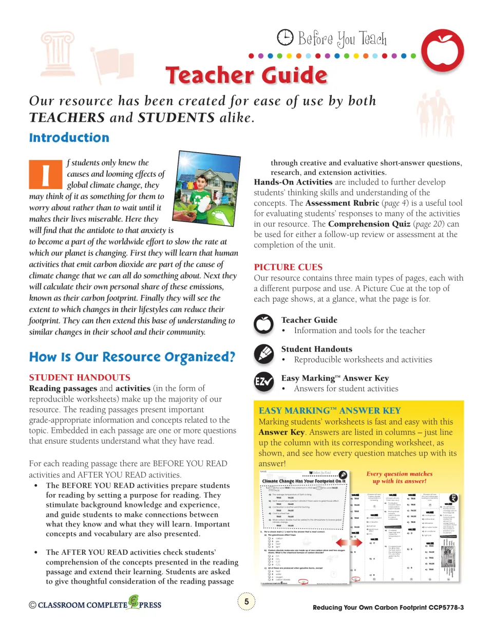 Teacher guide intro on carbon footprints, how reading passages and activities are organized, and picture cues