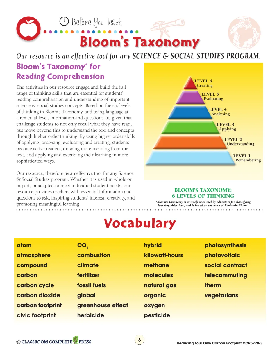 Bloom's Taxonomy six levels of thinking pyramid and vocabulary list: atom, carbon cycle, methane, therm and more