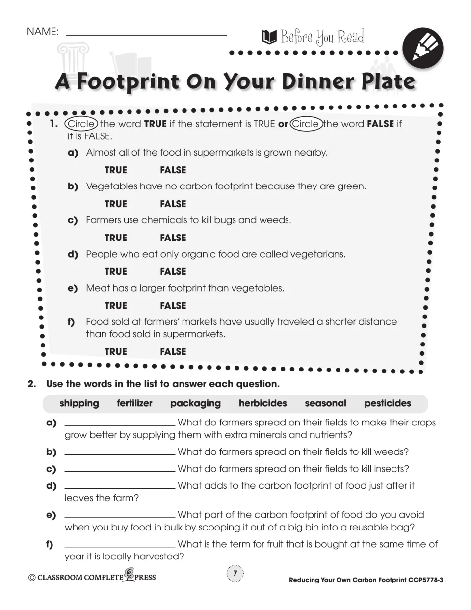 Before You Read: six true-or-false food statements and word bank: fertilizer, herbicides, pesticides, seasonal
