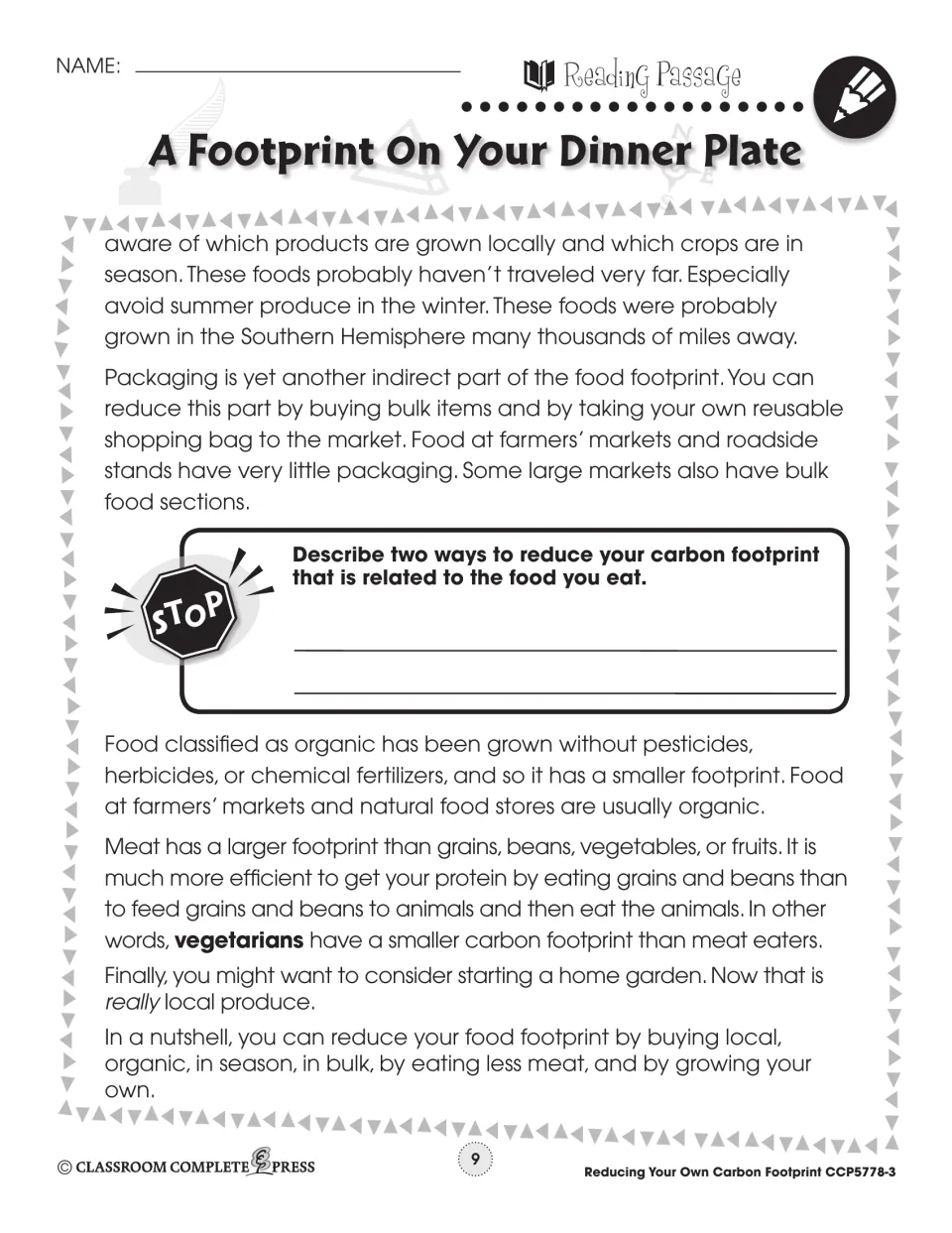Reading passage part 2: packaging, organic food, meat vs. vegetarian diets, home gardens, and a STOP question