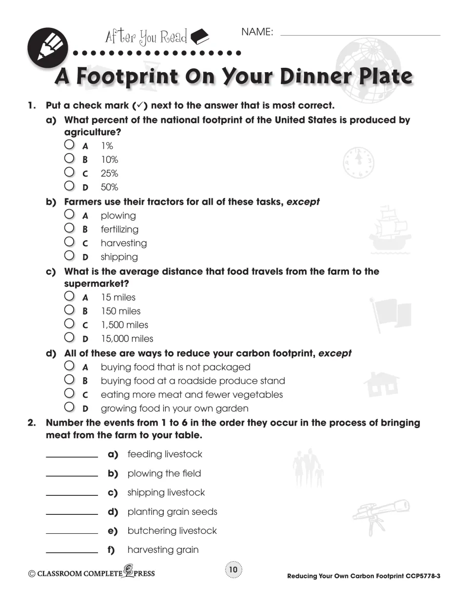 After You Read: multiple-choice questions on the food footprint and ordering six farm-to-table steps for meat