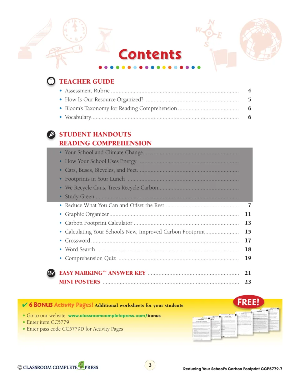 Contents: teacher guide, reading on page 7, graphic organizer, carbon footprint calculator, quiz, answer key