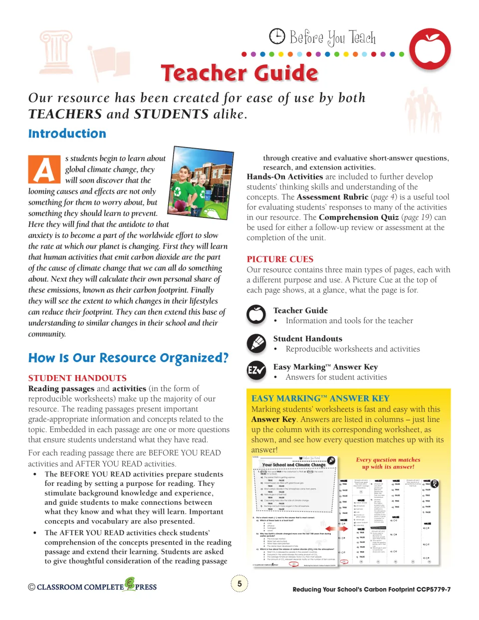 Teacher guide: introduction, how the resource is organized, picture cues and the Easy Marking answer key format