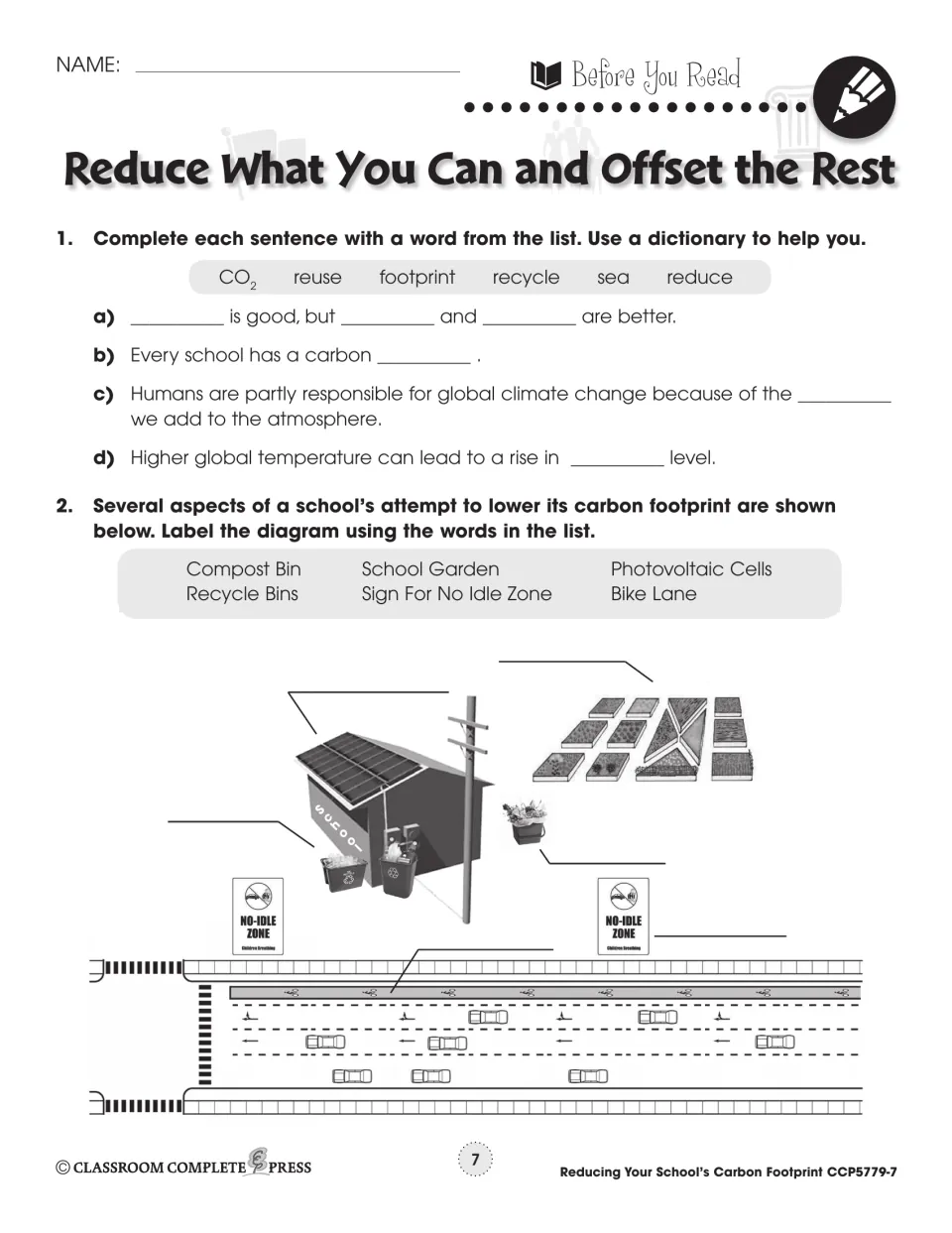 Before You Read: fill-in sentences on reduce, reuse, recycle, plus a school diagram to label (Bike Lane and more)
