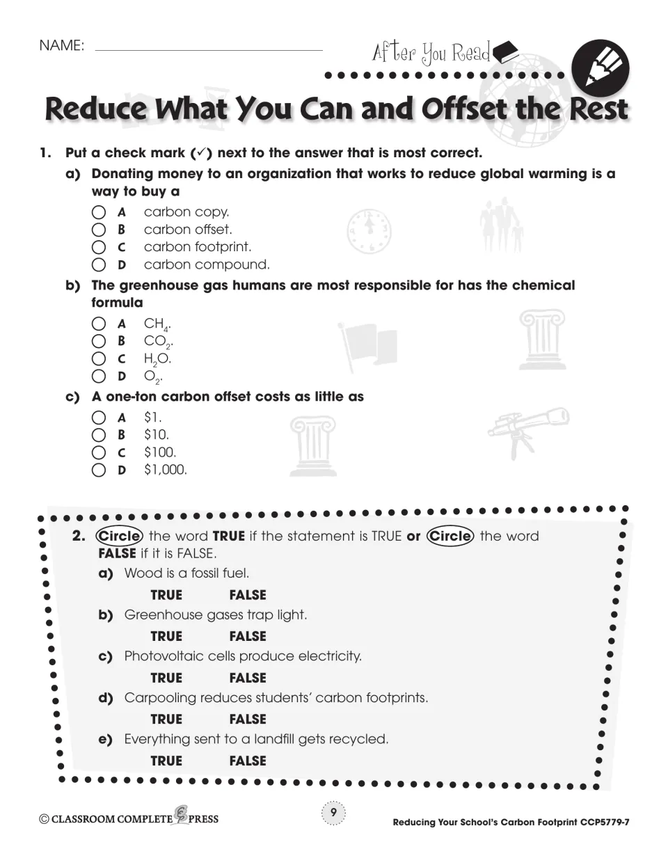 After You Read: multiple choice on carbon offsets and CO2, plus true/false such as 'Wood is a fossil fuel'