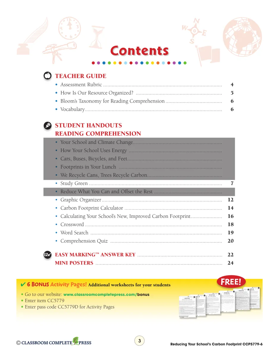 Contents page listing teacher guide, Study Green on page 7, crossword, quiz, answer key and mini posters