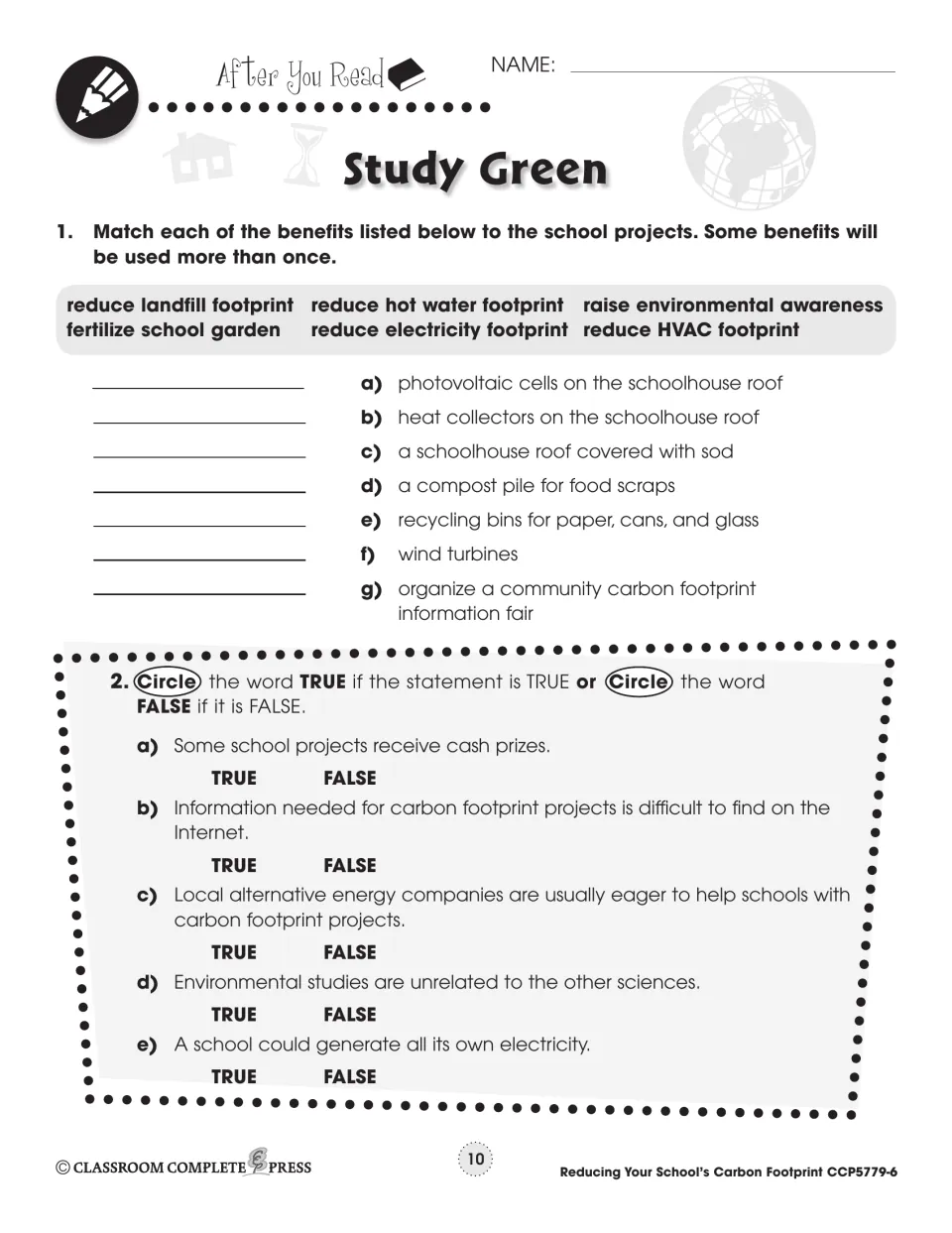 Study Green After You Read: match benefits to school projects like wind turbines, then five true/false statements