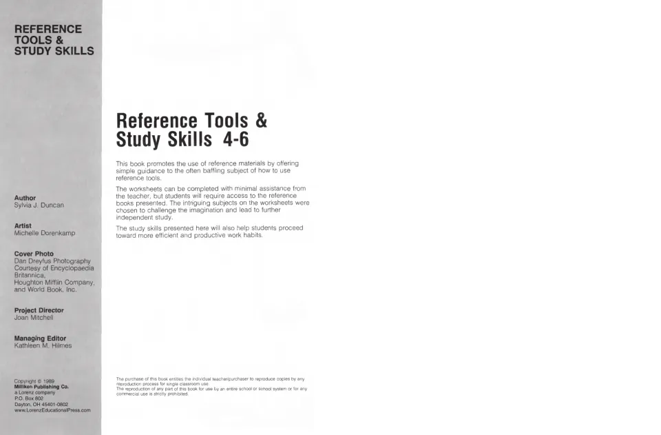 Title page: a short overview of the book's guidance on using reference materials, with author, artist and photo credits