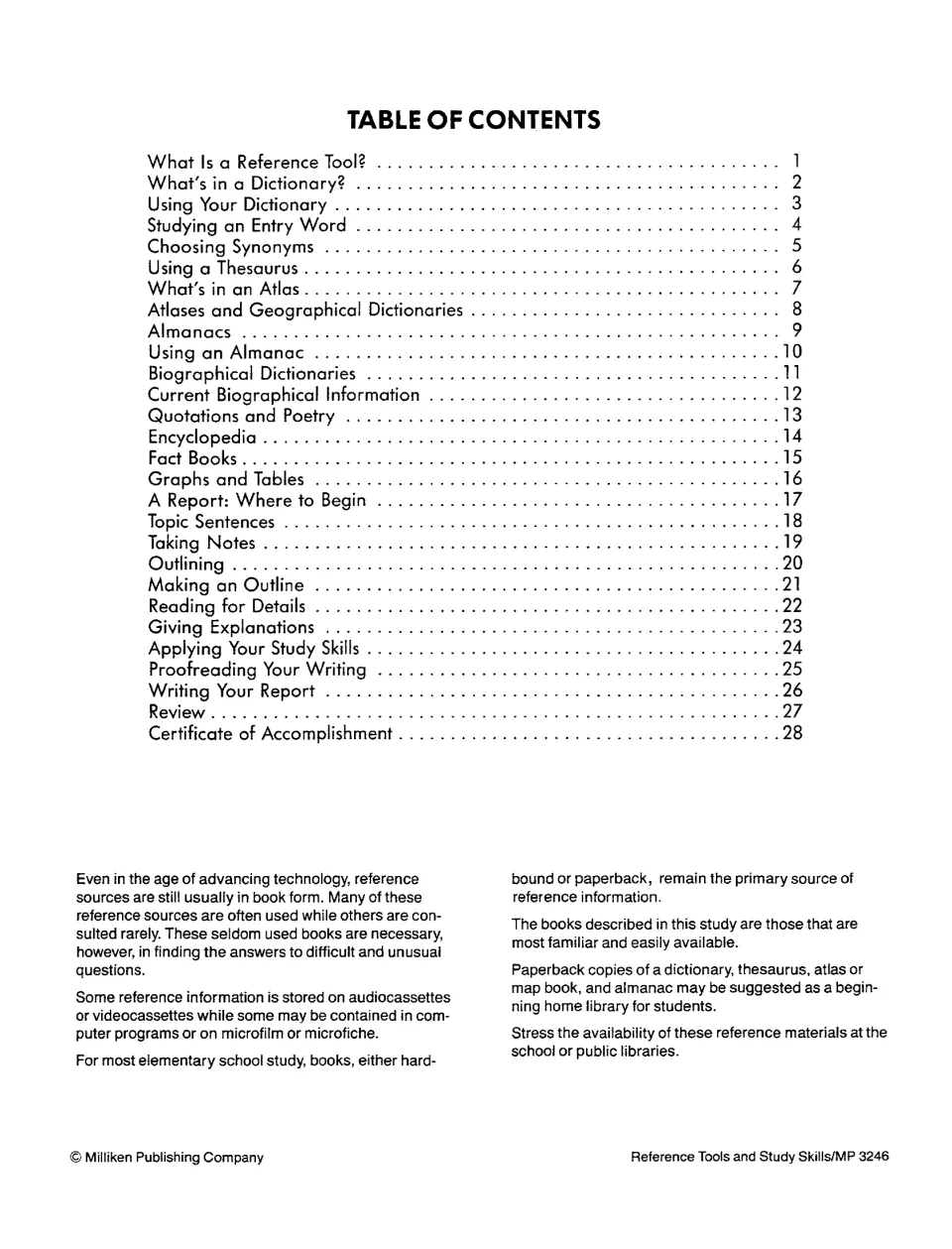 Table of contents listing 28 entries from dictionaries and atlases to outlining, plus teacher notes on reference books