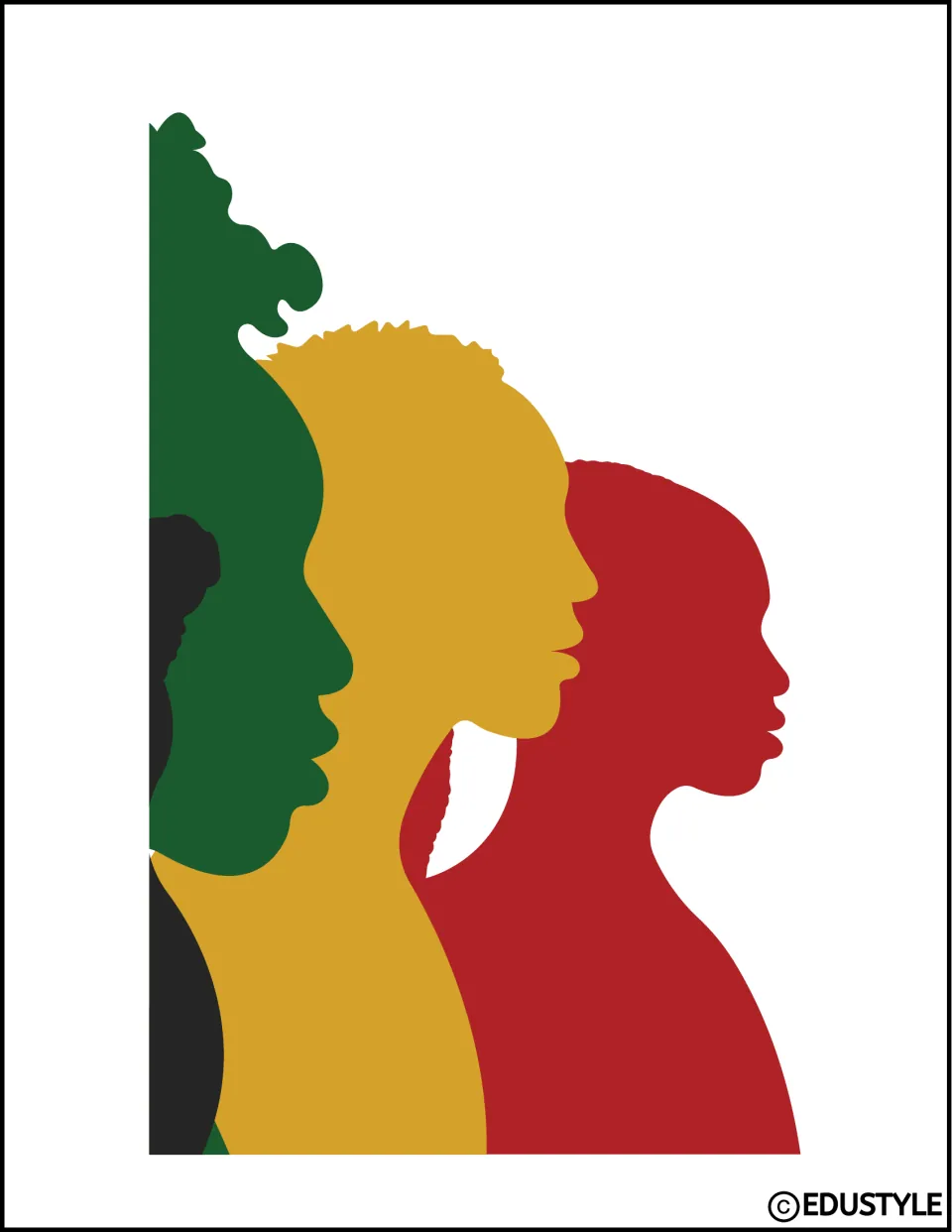 Black History Month display graphic section showing right-facing profiles in green, gold, red and black