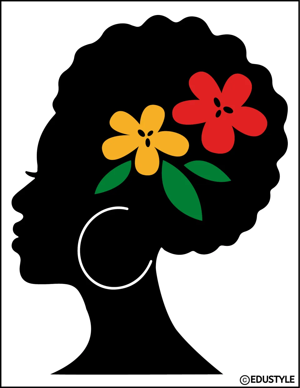 Black History Month display graphic of a woman's profile with flower-adorned hair and a white hoop earring