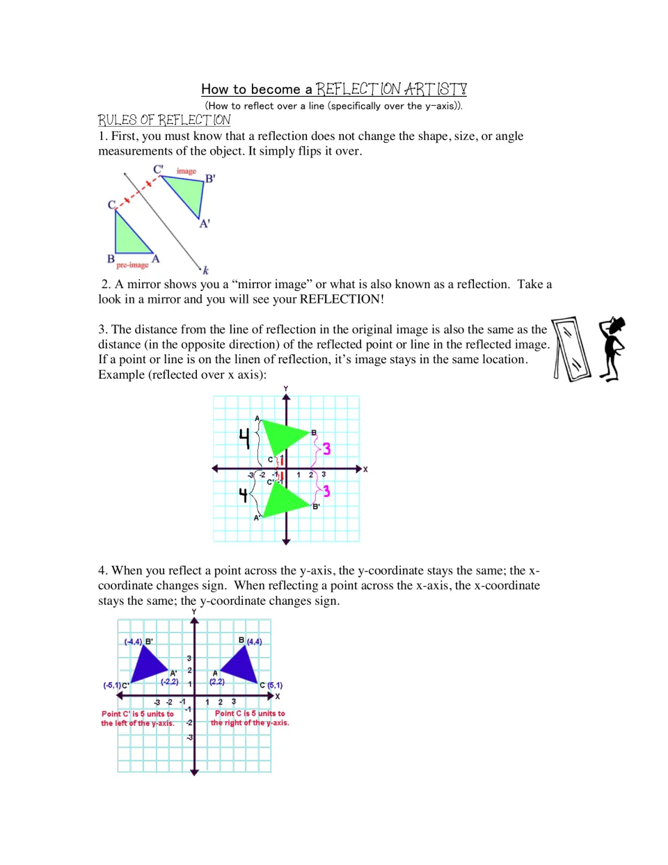 Rules of reflection: notes on flipping figures over the x- and y-axis, with graphed triangle examples and sign changes