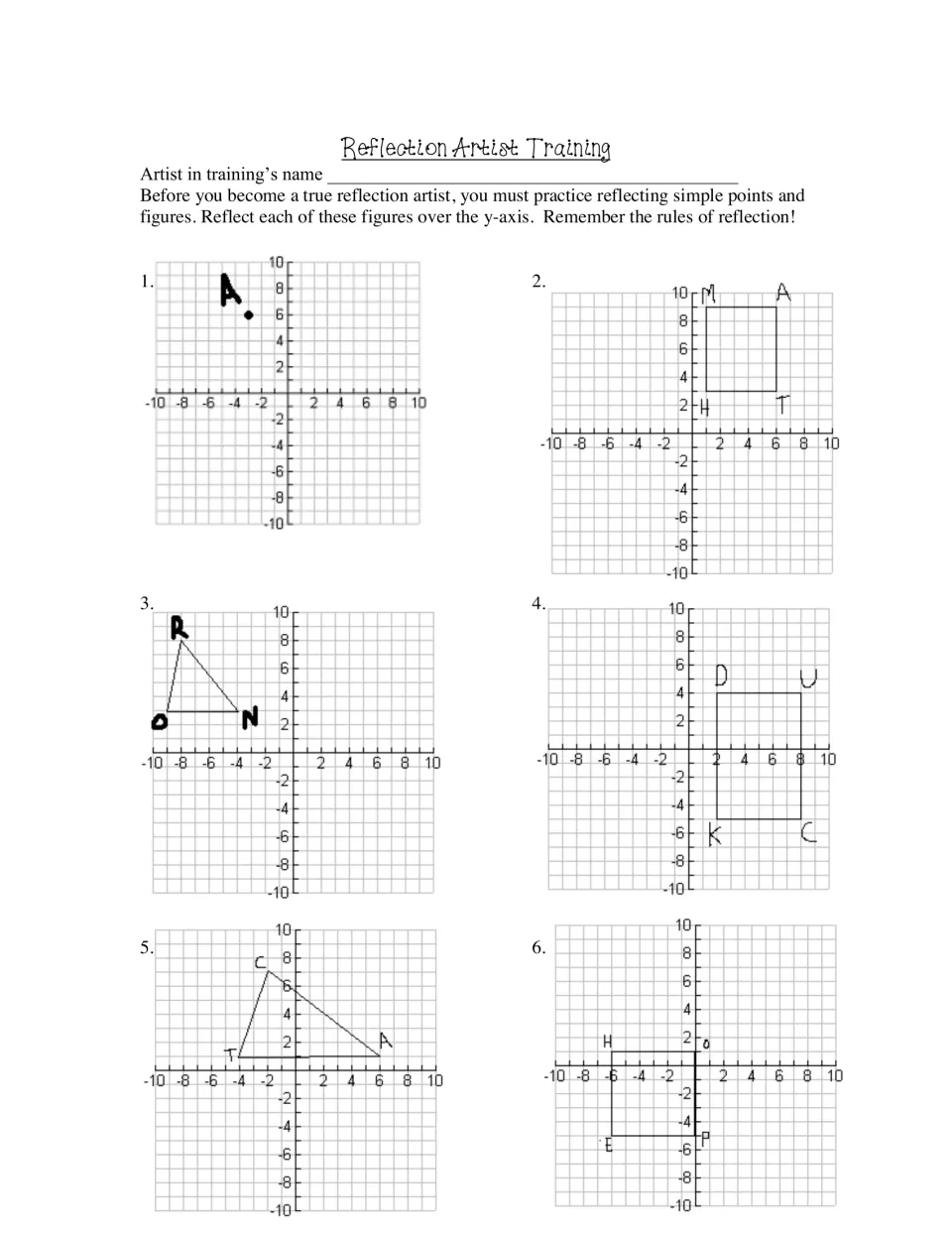 Reflection practice: students reflect six points and figures, such as triangle RON and rectangle MATH, over the y-axis