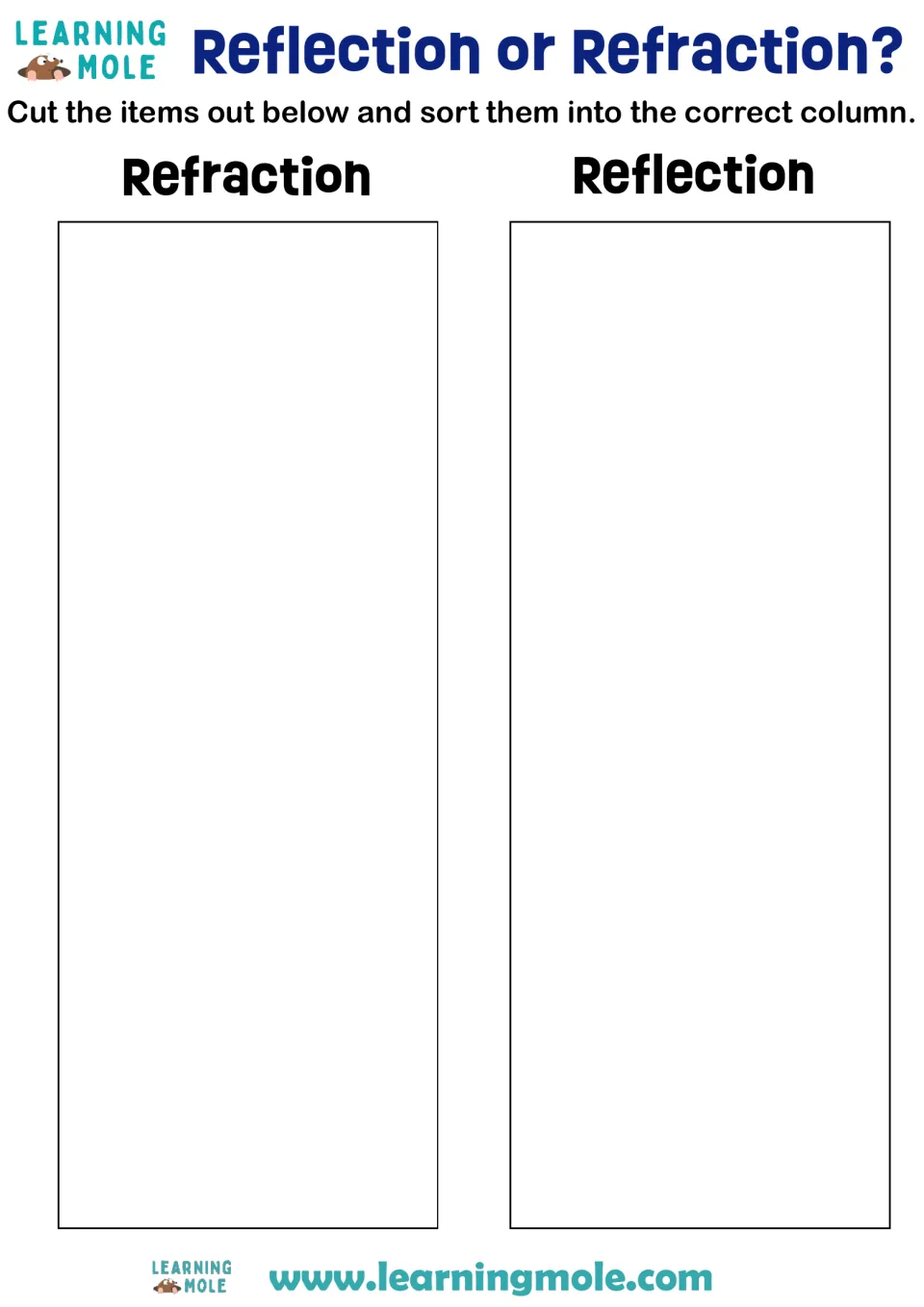 Light sorting mat: students cut out item cards and sort each under the Refraction or Reflection heading to classify light