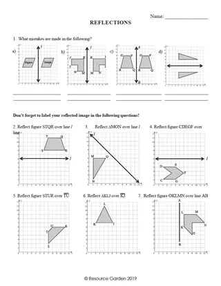 Reflection Worksheets with Answers – Geometry Transformations – cover
