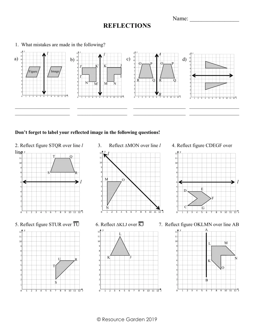 Reflections: students find mistakes in four sample reflections, then reflect six labeled figures over given lines