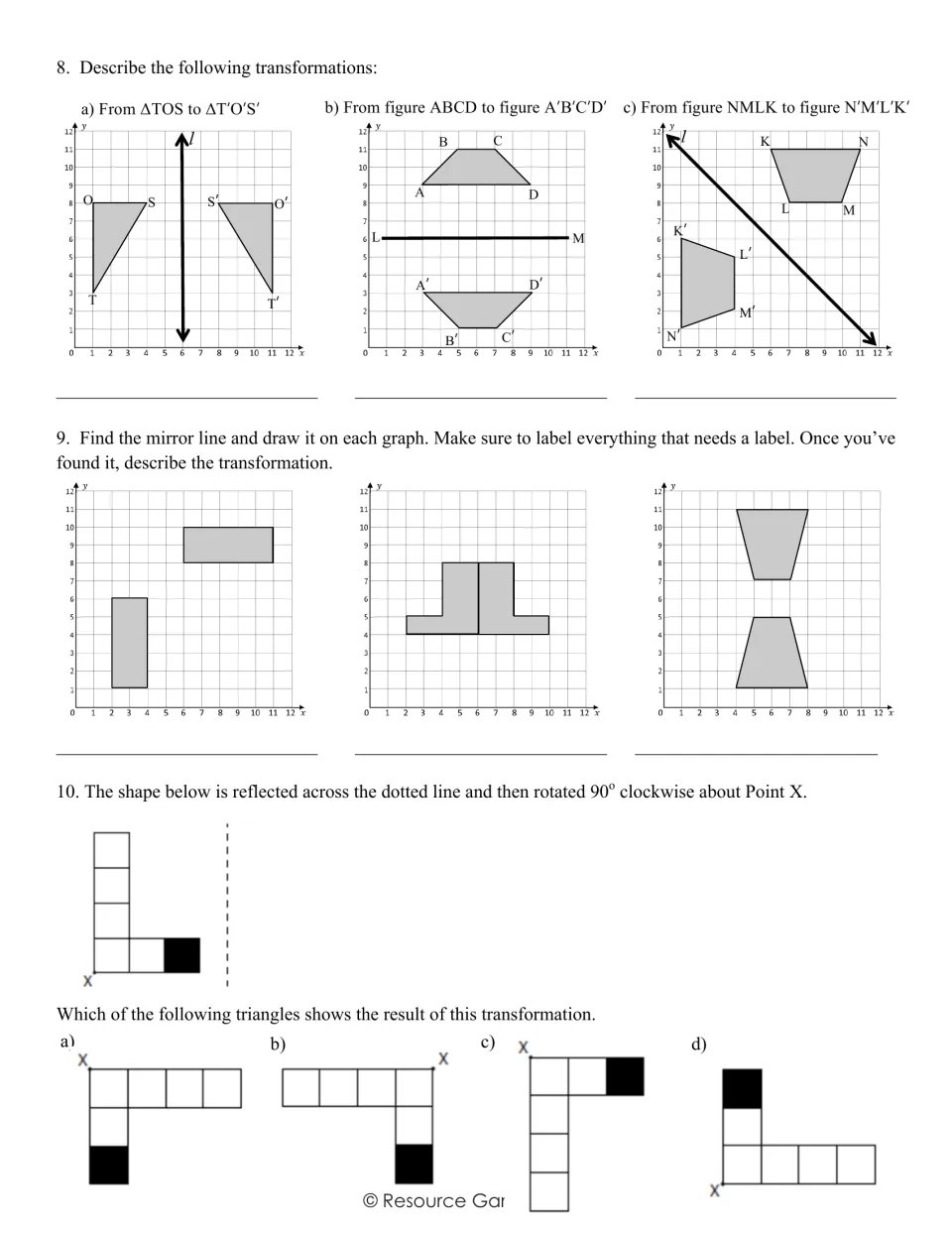 Mirror lines: students describe three reflections, find mirror lines on three graphs and pick a reflect-then-rotate answer