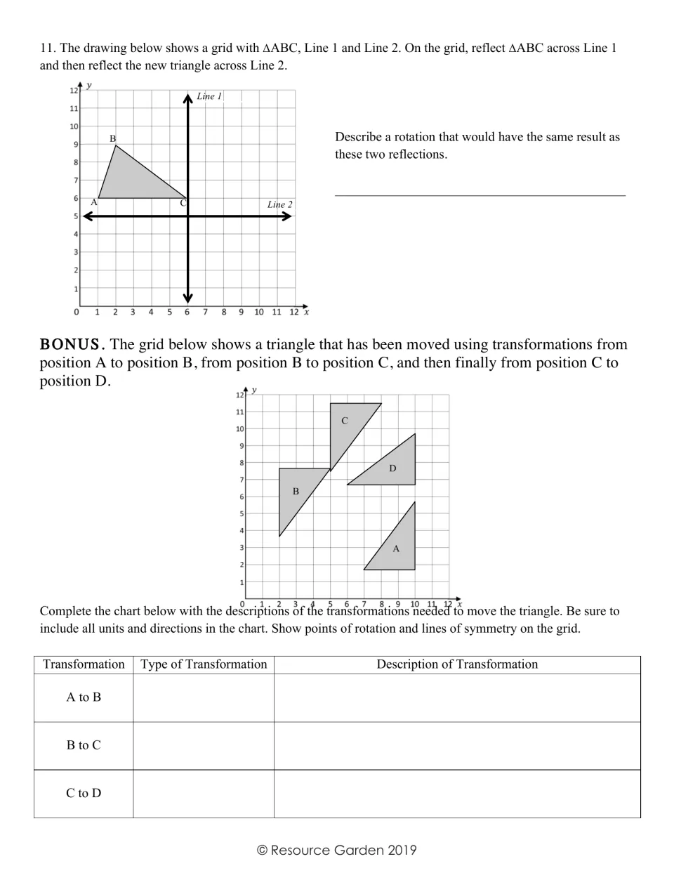 Combining transformations: students reflect ΔABC across two lines, name the matching rotation, then chart moves A to D