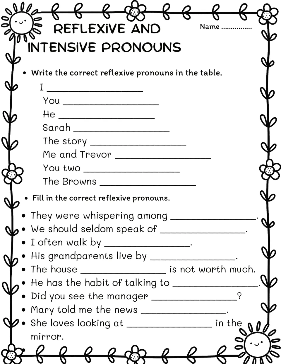 Reflexive pronoun practice: students match I, You, Sarah, The Browns and more to a pronoun, then fill blanks in 9 sentences