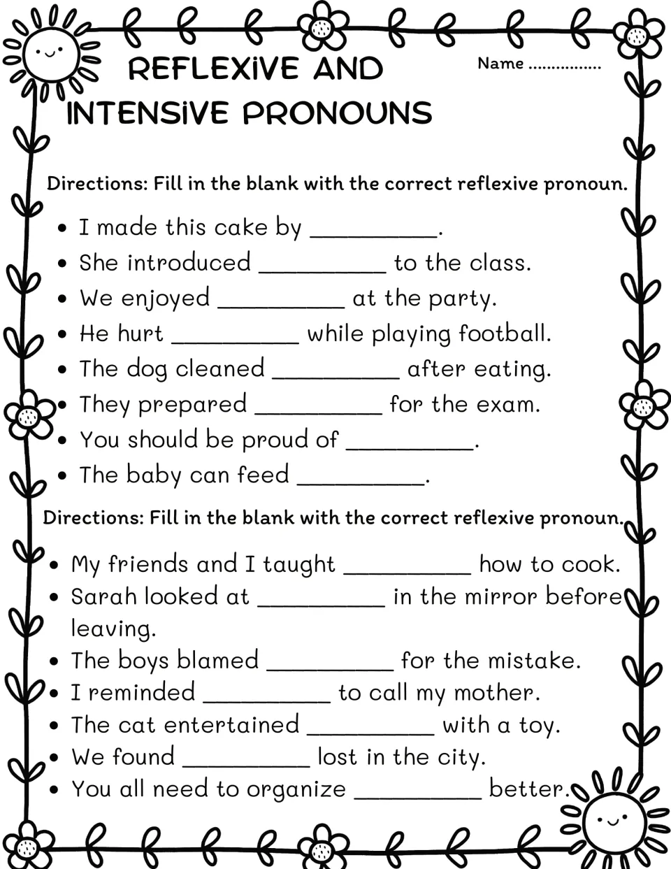 Reflexive pronoun fill-in: students complete 15 sentences such as 'She introduced ___ to the class' in two direction sets