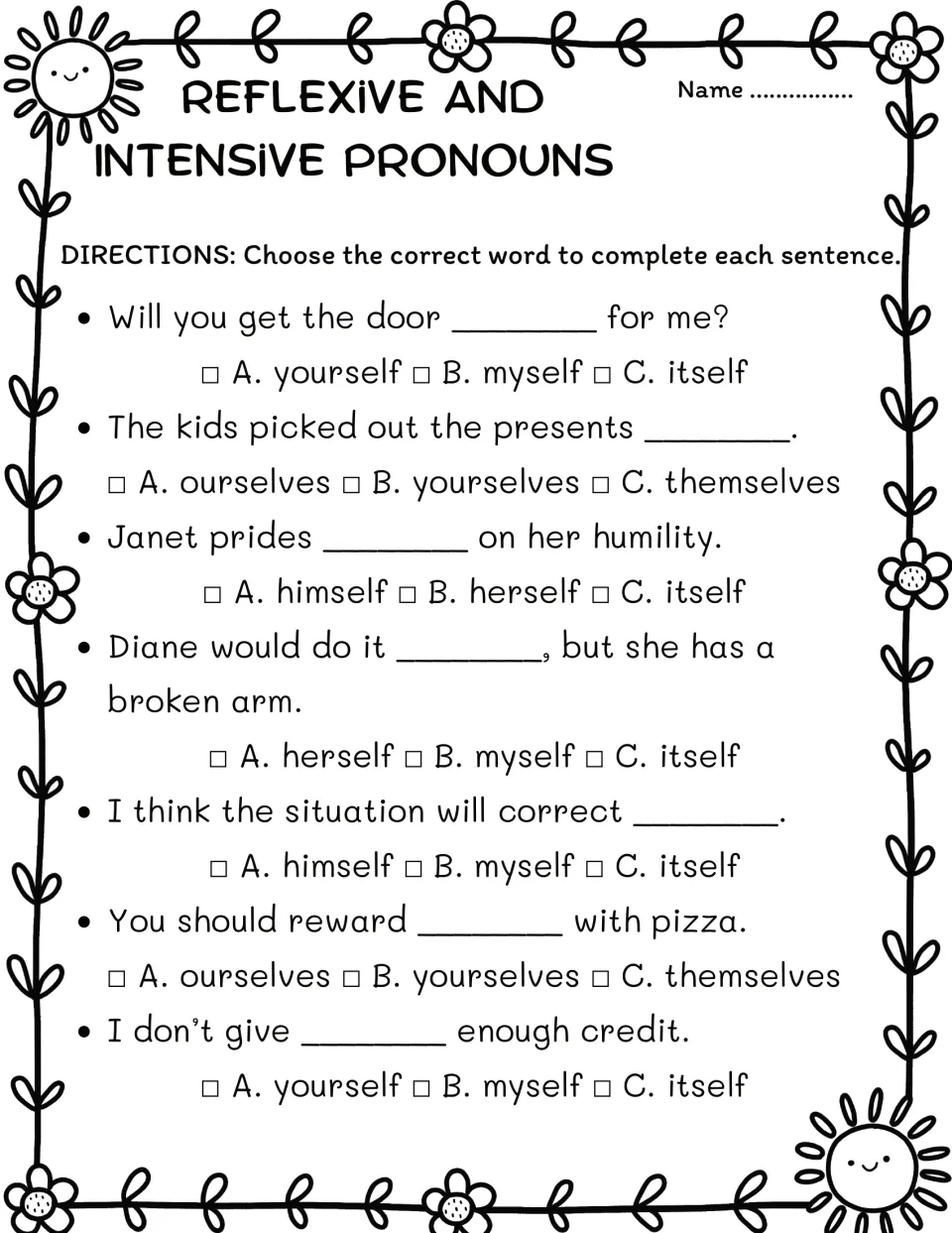 Reflexive pronoun multiple choice: students pick A, B or C to complete 7 sentences, e.g. 'Janet prides ___ on her humility'