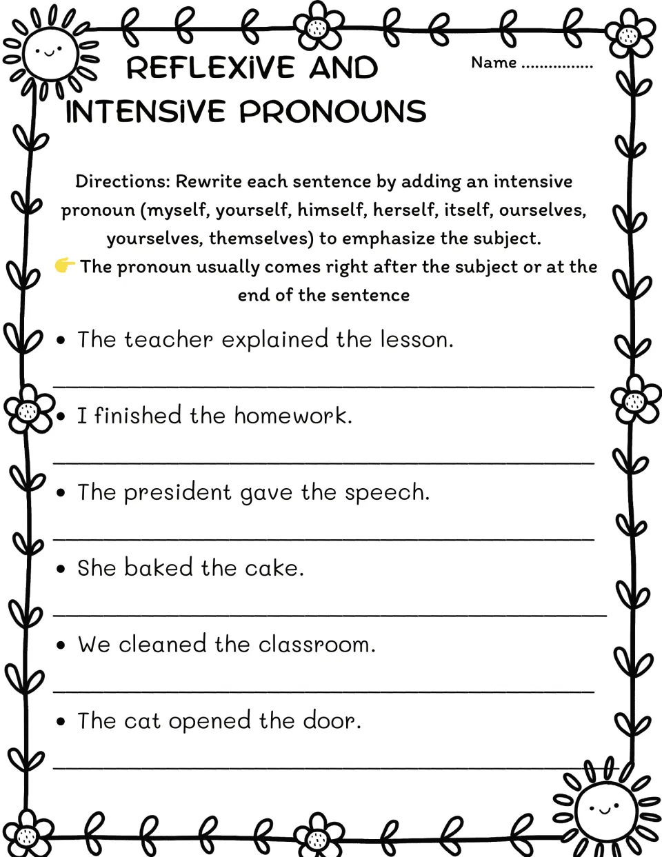 Intensive pronoun rewriting: students add a pronoun to stress the subject in 6 sentences like 'She baked the cake'