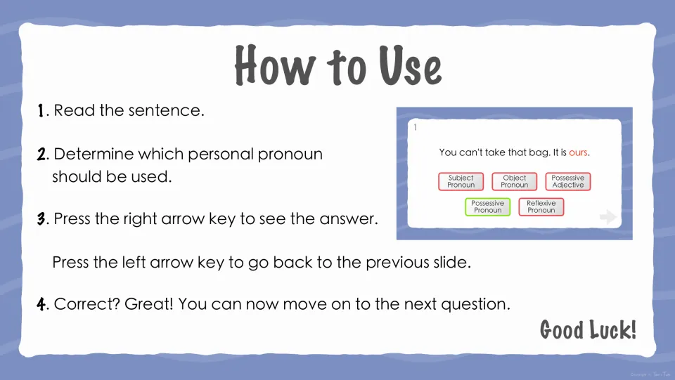 Quiz instructions: read each sentence, determine the pronoun type, and use arrow keys to reveal answers or go back.