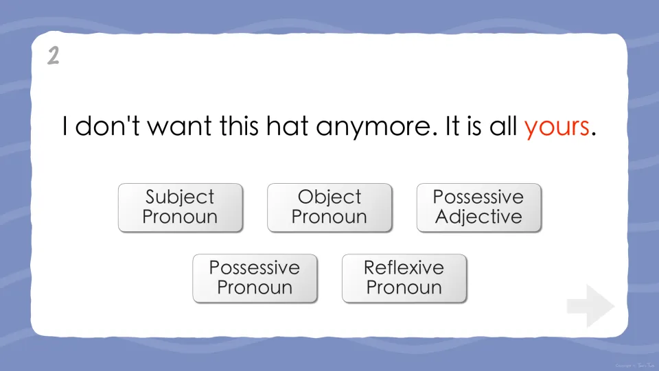 Quiz question 2 asks students to classify 'yours' in 'I don't want this hat anymore. It is all yours.'