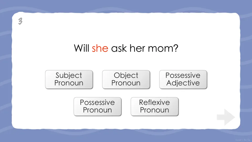 Quiz question 3 asks students to classify 'she' in 'Will she ask her mom?' among five pronoun types.