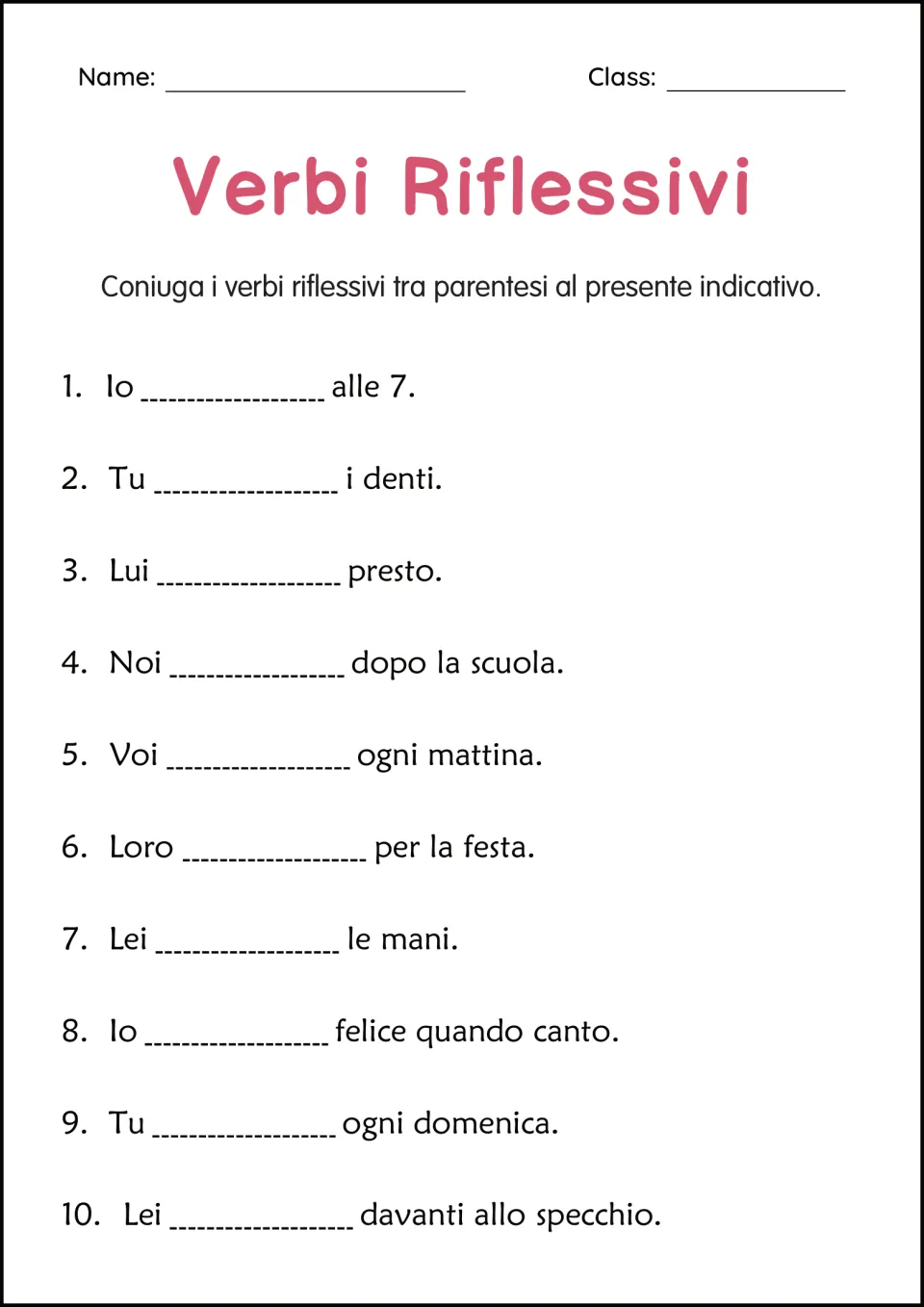 Italian reflexive verb practice: 10 present-tense blanks about waking, washing teeth, school, and feelings