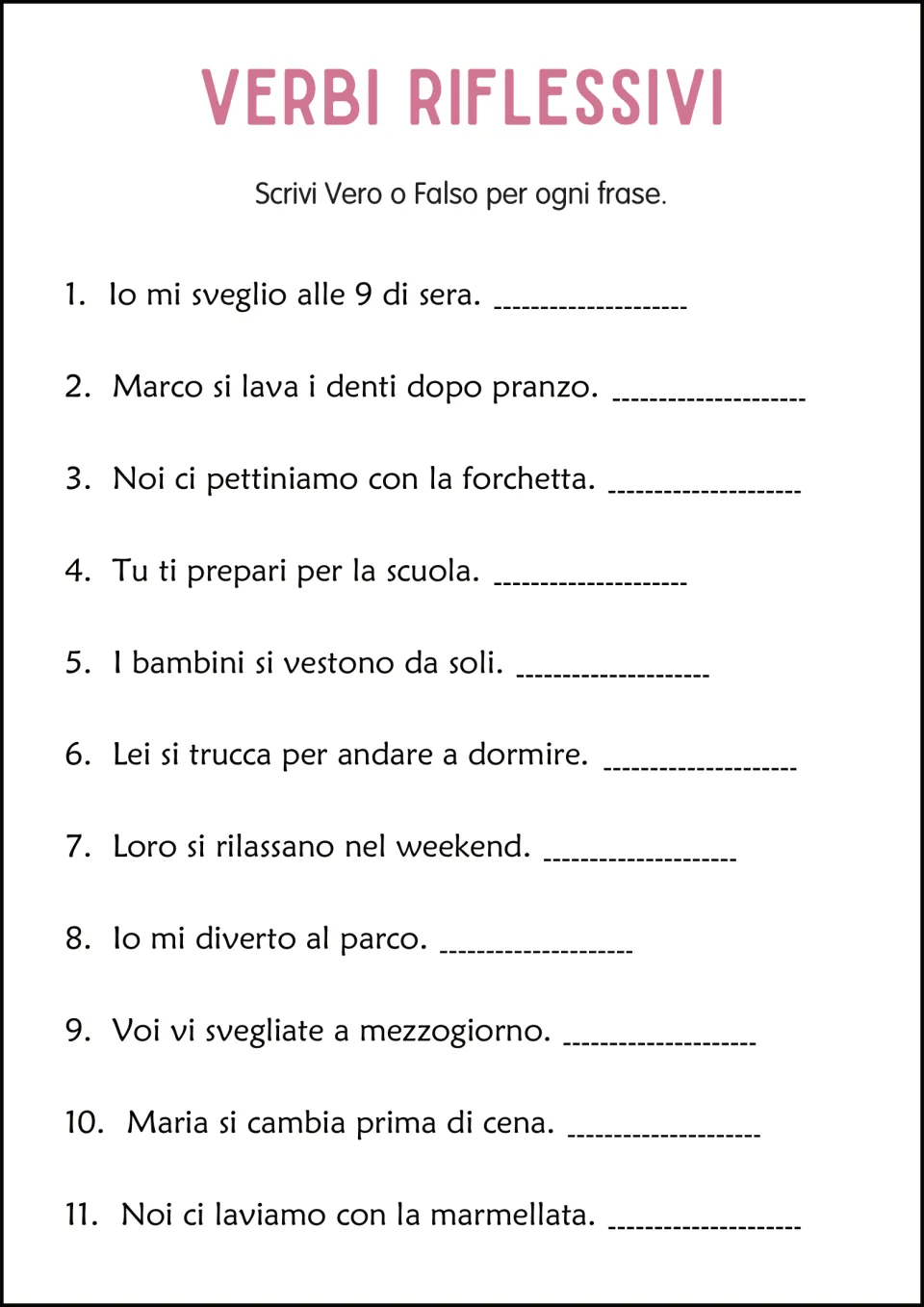 Italian reflexive verb true-or-false practice: 11 statements, including combing hair with a fork