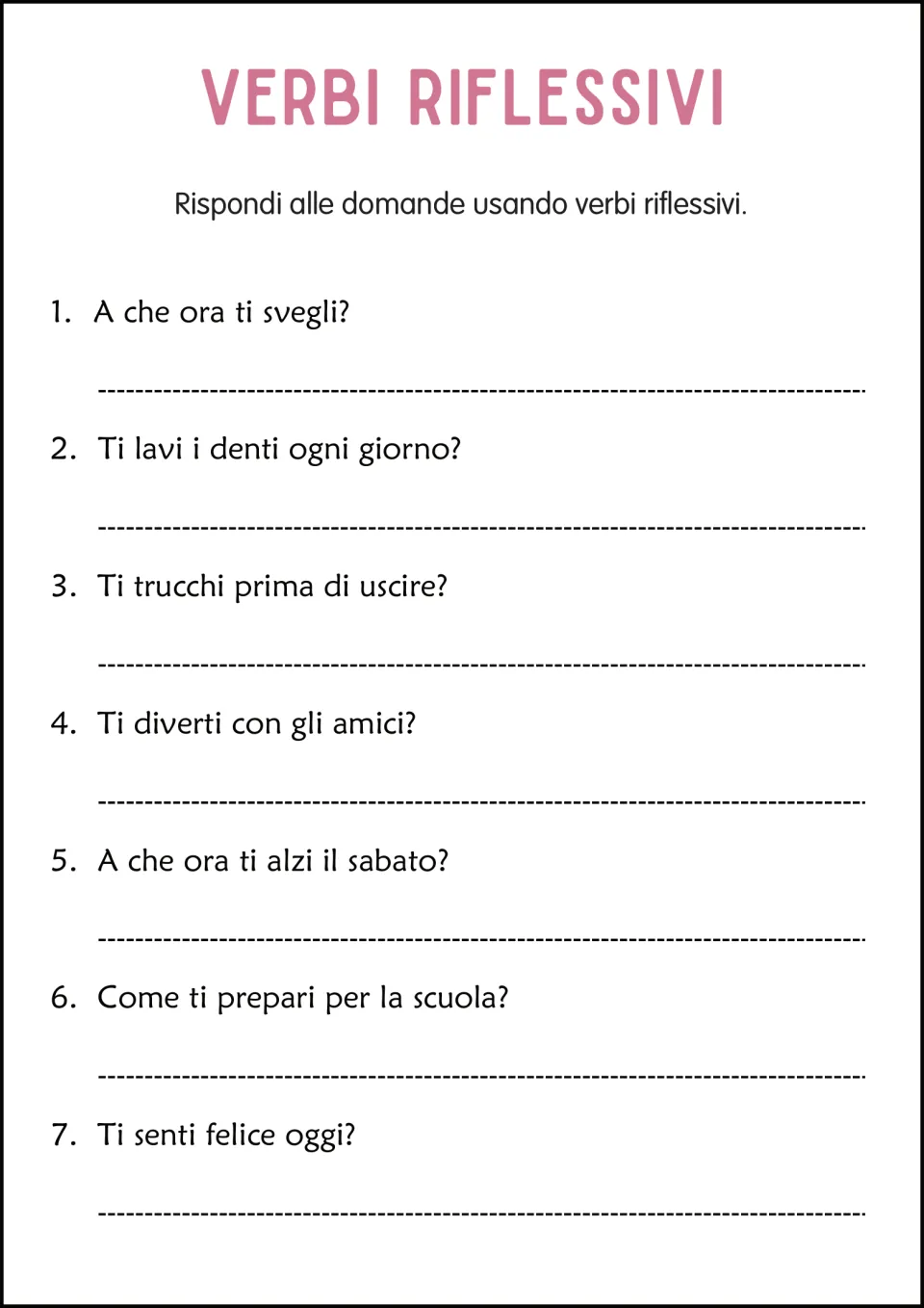 Italian reflexive verb response practice: seven questions about waking, brushing teeth, and feeling happy
