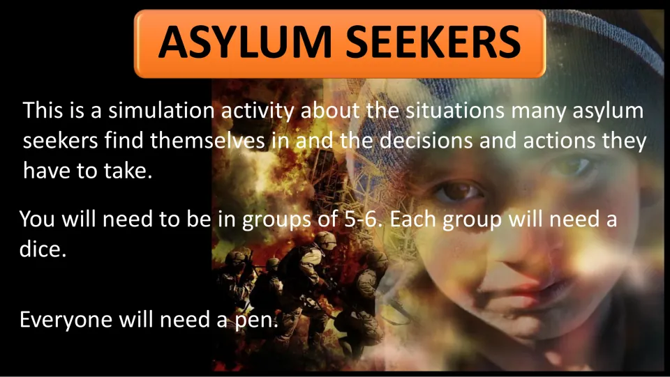 Asylum Seekers simulation intro slide and cover: groups of 5–6, one dice per group, and a pen for everyone