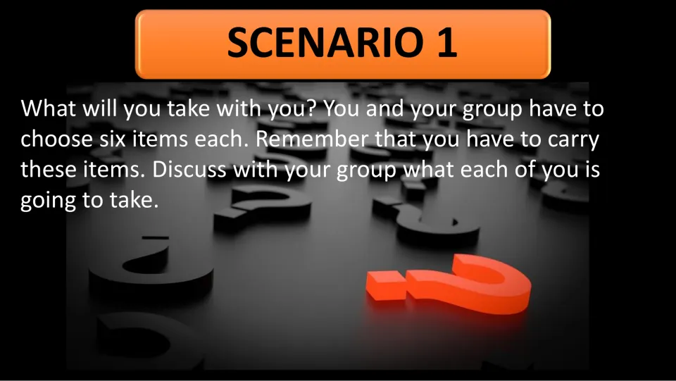 Scenario 1 task: each group member chooses six items to carry and discusses with the group what to take
