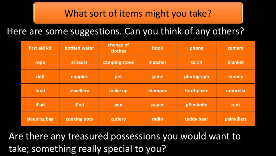 Item ideas for Scenario 1: first aid kit, bottled water, phone, blanket and 32 more suggestions