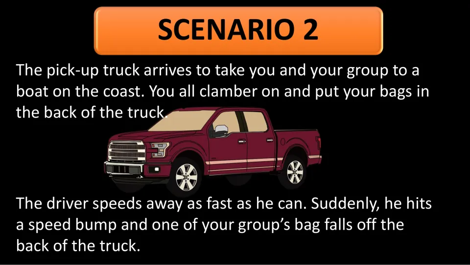 Scenario 2: the pick-up truck races to the coast, hits a speed bump, and one group member's bag falls off
