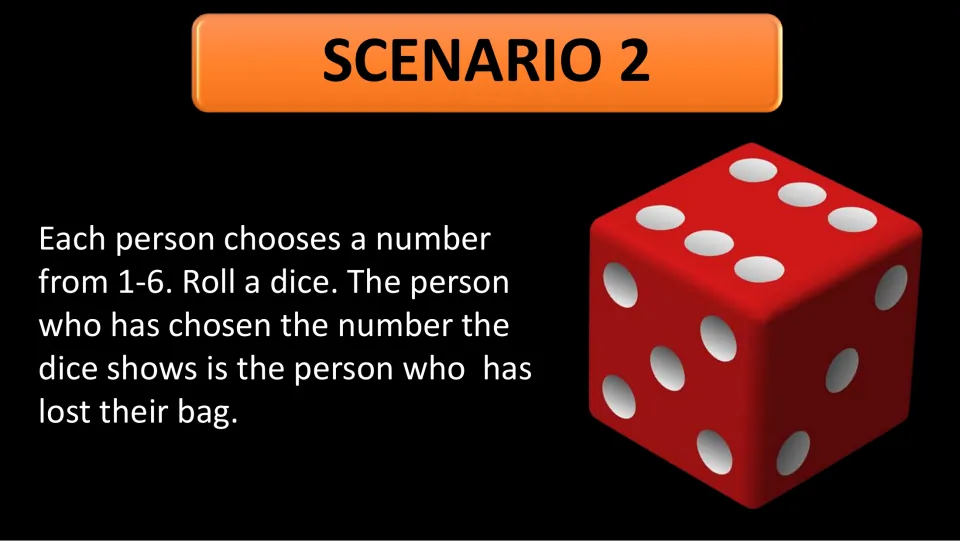 Scenario 2 dice roll: each person picks a number from 1 to 6 and the number rolled shows whose bag is lost