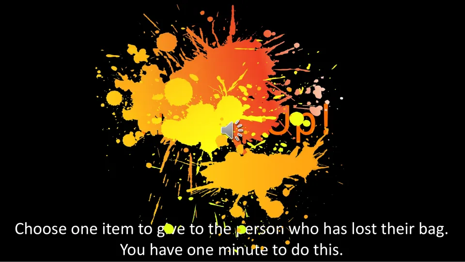 Timed slide for Scenario 3: choose one item to give to the person who lost their bag, with one minute to do it