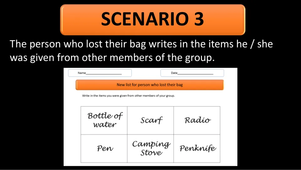 Scenario 3 record sheet sample: 'New list for person who lost their bag' with water, scarf, radio, pen and 2 more