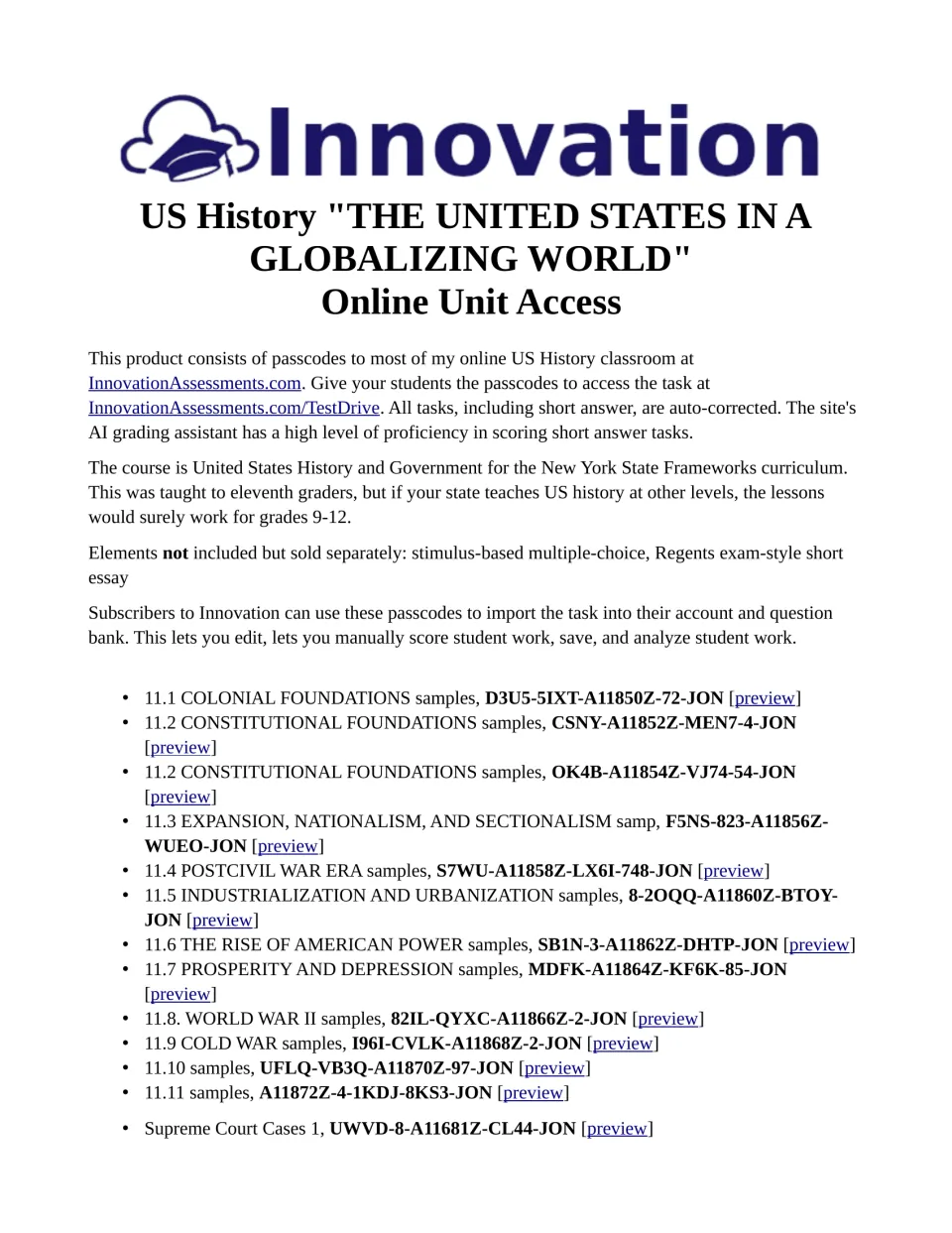 Online US history access guide with instructions and 13 passcode entries for unit samples and Supreme Court Cases 1
