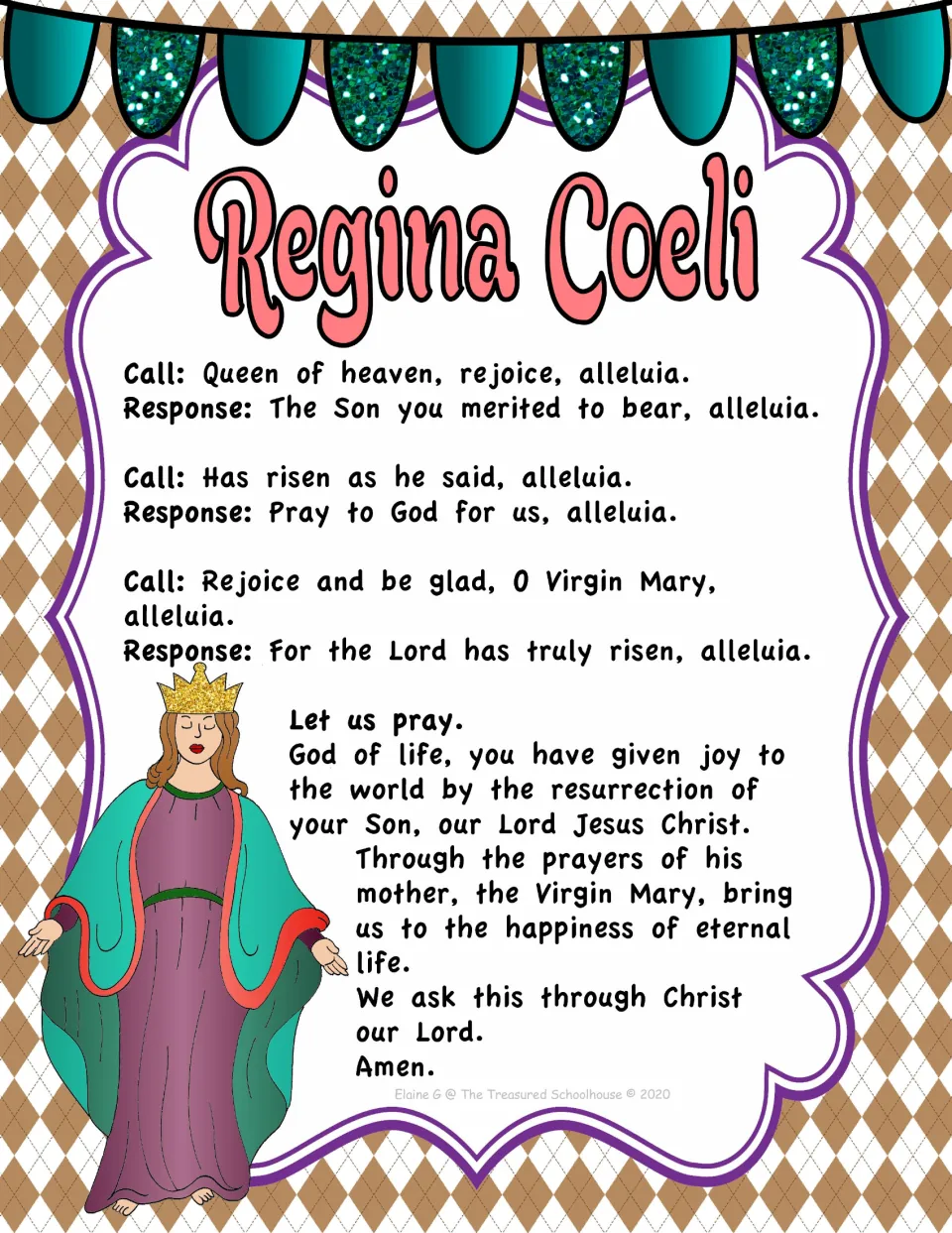 Color prayer poster with call-and-response verses beginning “Queen of heaven, rejoice” and a closing prayer