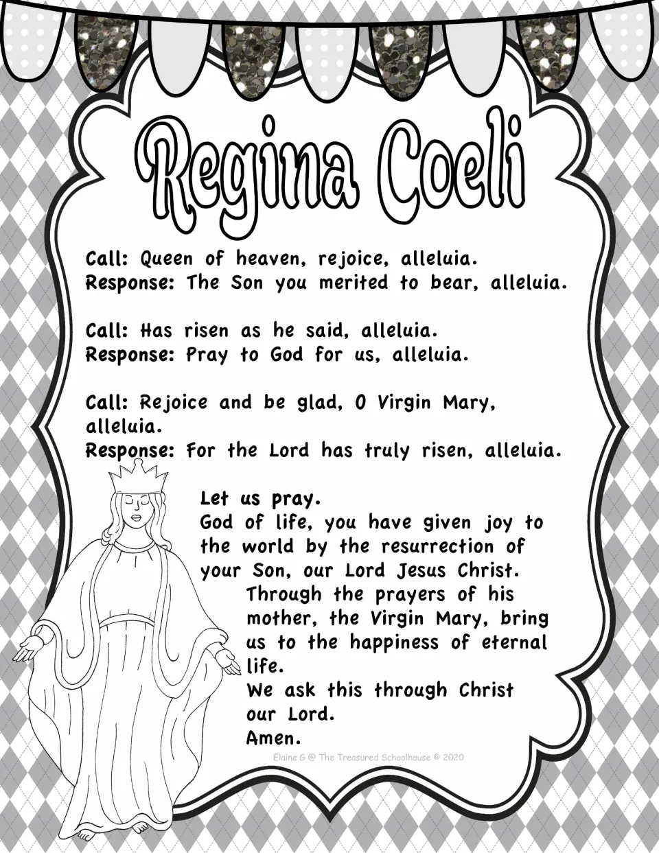 Black-and-white prayer poster with “Queen of heaven, rejoice,” call-and-response verses, and a closing prayer