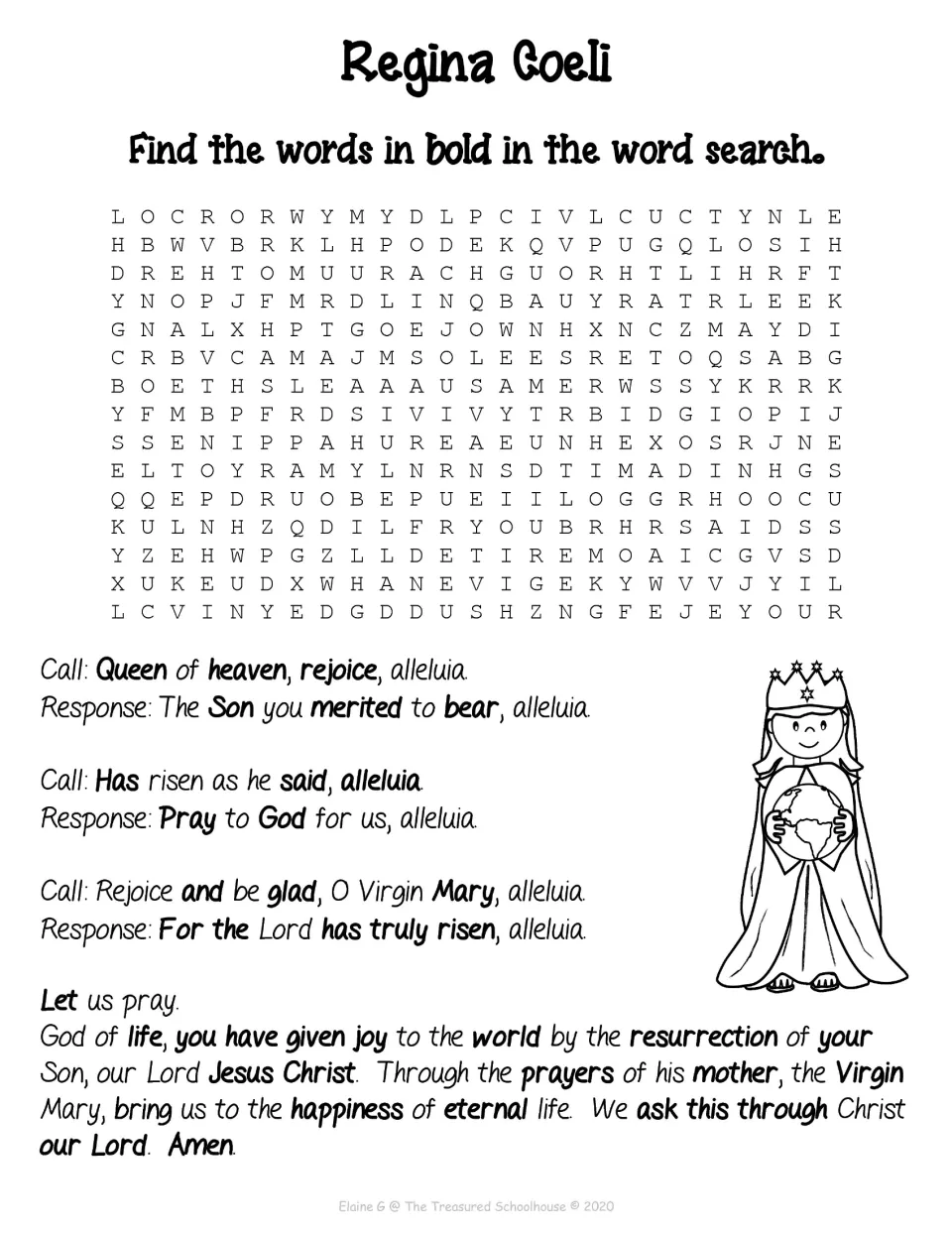 Prayer word search using bold words from the text below, including Queen, heaven, rejoice, Son, and merited
