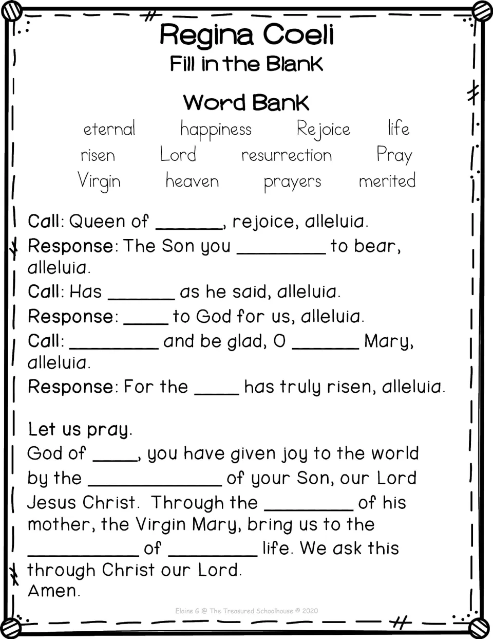 Prayer fill-in-the-blank activity with 12 word-bank choices, including eternal, happiness, Rejoice, and life