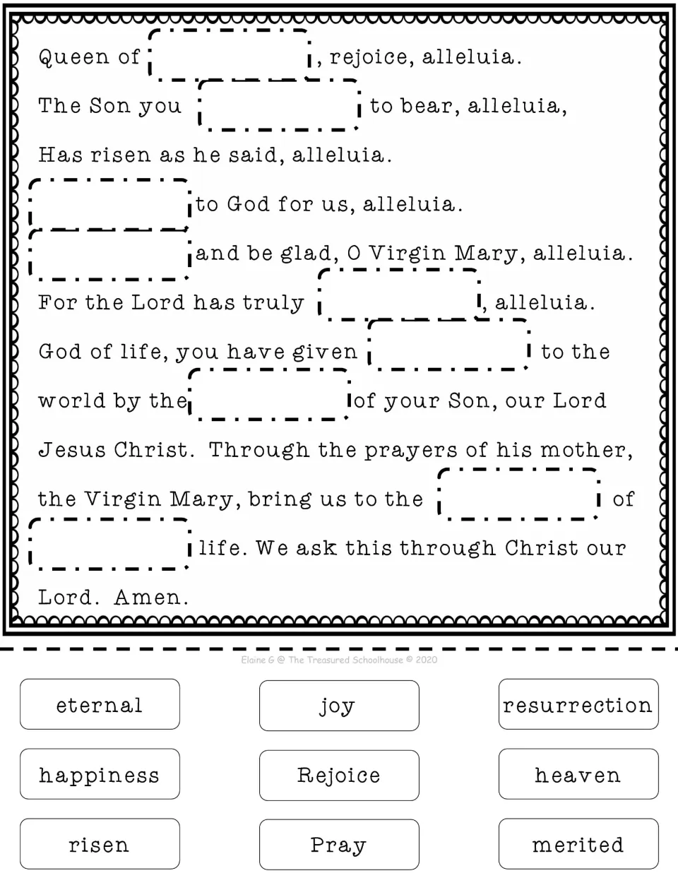 Prayer completion activity with nine cut-out words, including heaven, merited, Pray, Rejoice, and risen