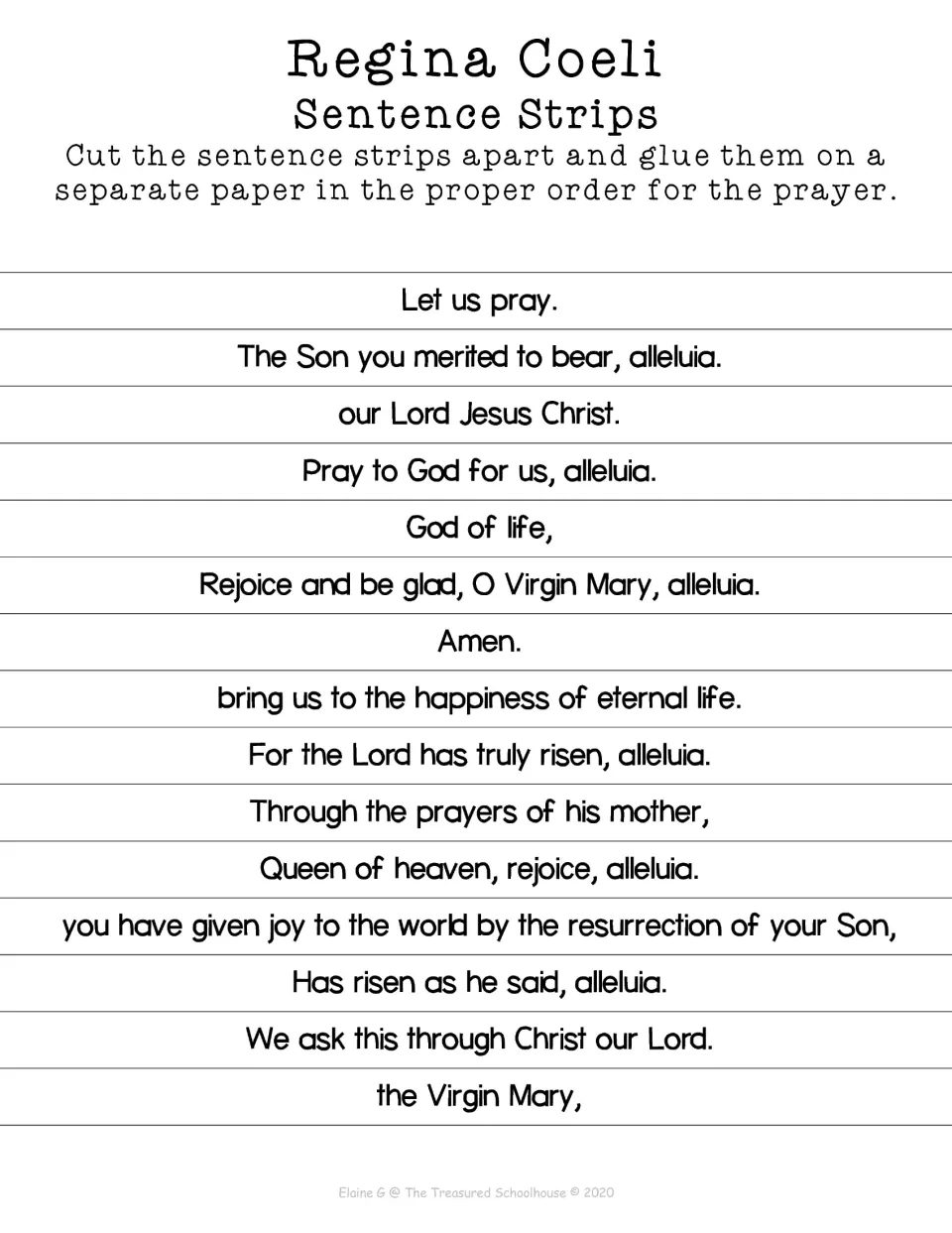 Prayer sequencing activity with 15 sentence strips to cut apart and glue in order on a separate paper
