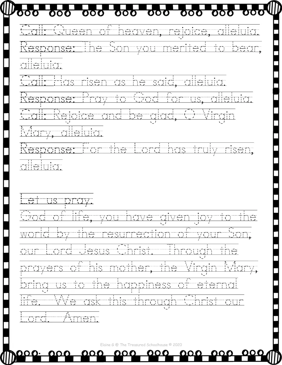 Print handwriting tracing page containing the prayer's call-and-response verses and closing prayer