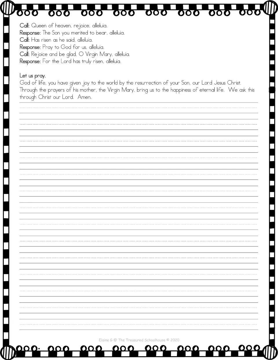 Prayer copywork page with a printed model beginning “Queen of heaven, rejoice” and space for handwriting